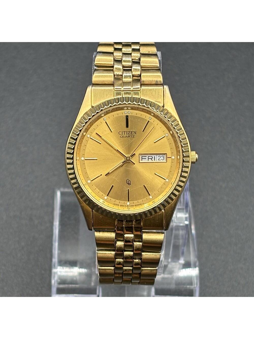 Citizen CQ Gold Tone Fluted Bezel 35mm Mens Watch Gold Dial Running